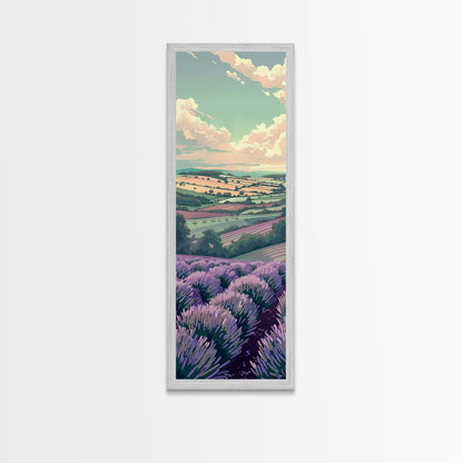 Lavender Fields With Rolling Hills - Skinny Art Tall Art Framed Canvas Print Japanese Style Art Ukiyo-e Art