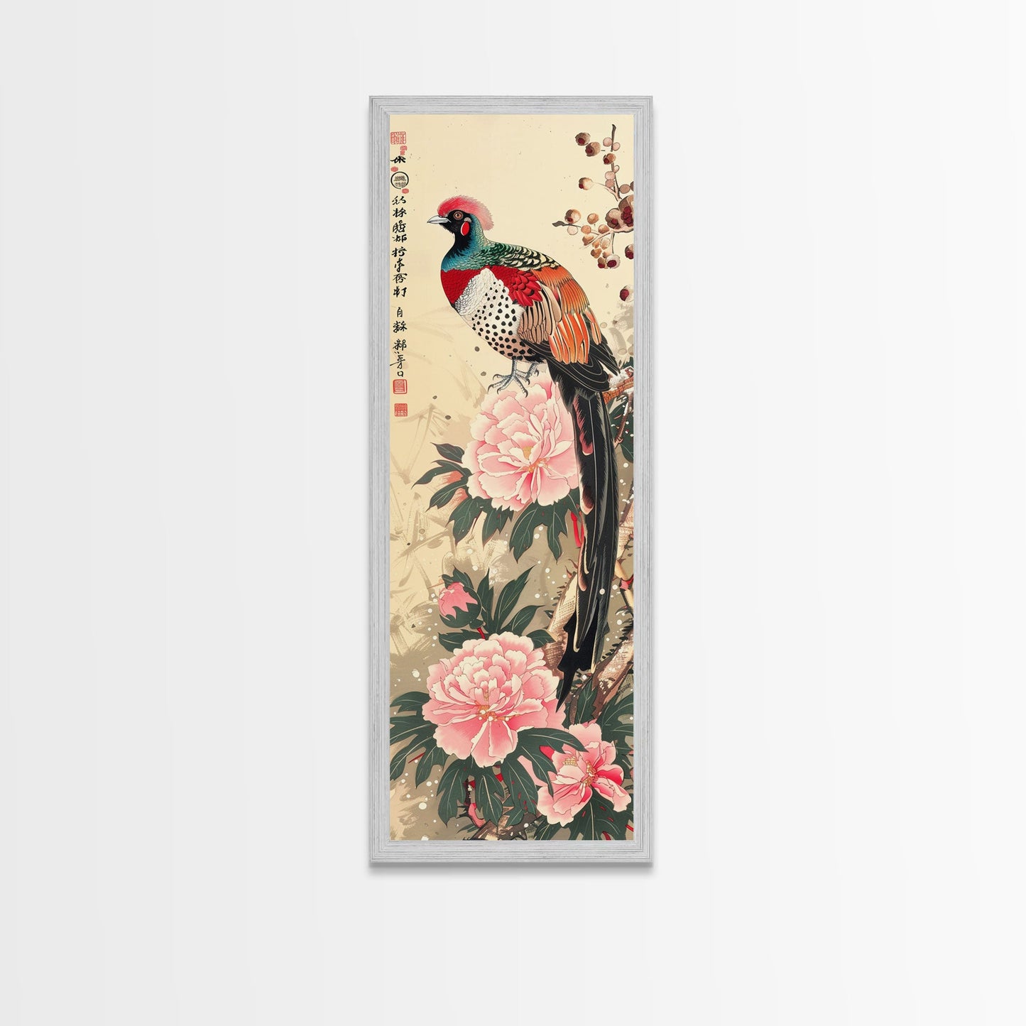 Majestic Pheasant Among Blossoms And Red Berries In Traditional Ukiyo-e Art Framed Canvas Print Japanese Style Skinny Art Tall Art