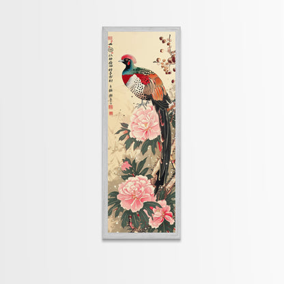 Majestic Pheasant Among Blossoms And Red Berries In Traditional Ukiyo-e Art Framed Canvas Print Japanese Style Skinny Art Tall Art