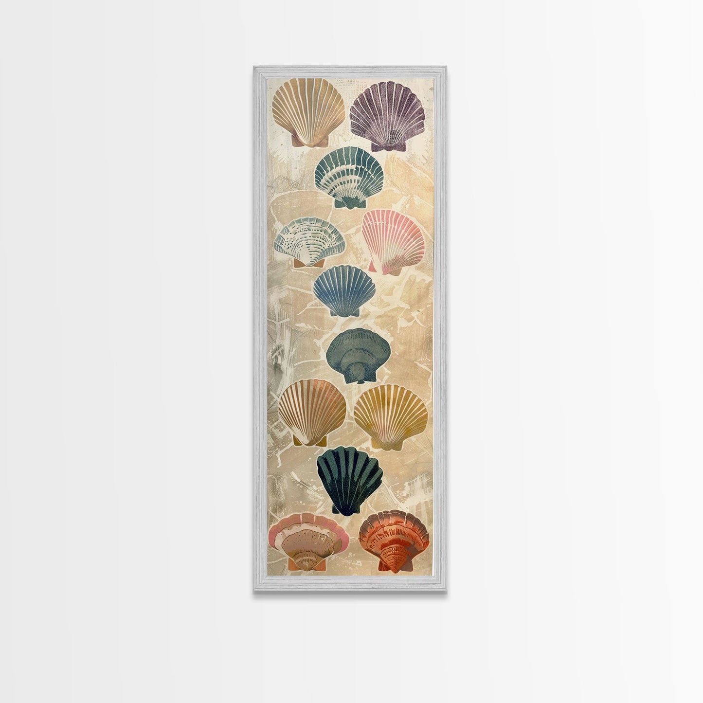 Colorful Shells On Textured Background Skinny Art Wood Block Print Japanese Style Art Framed Canvas Print Tall Art Ukiyo-e Art