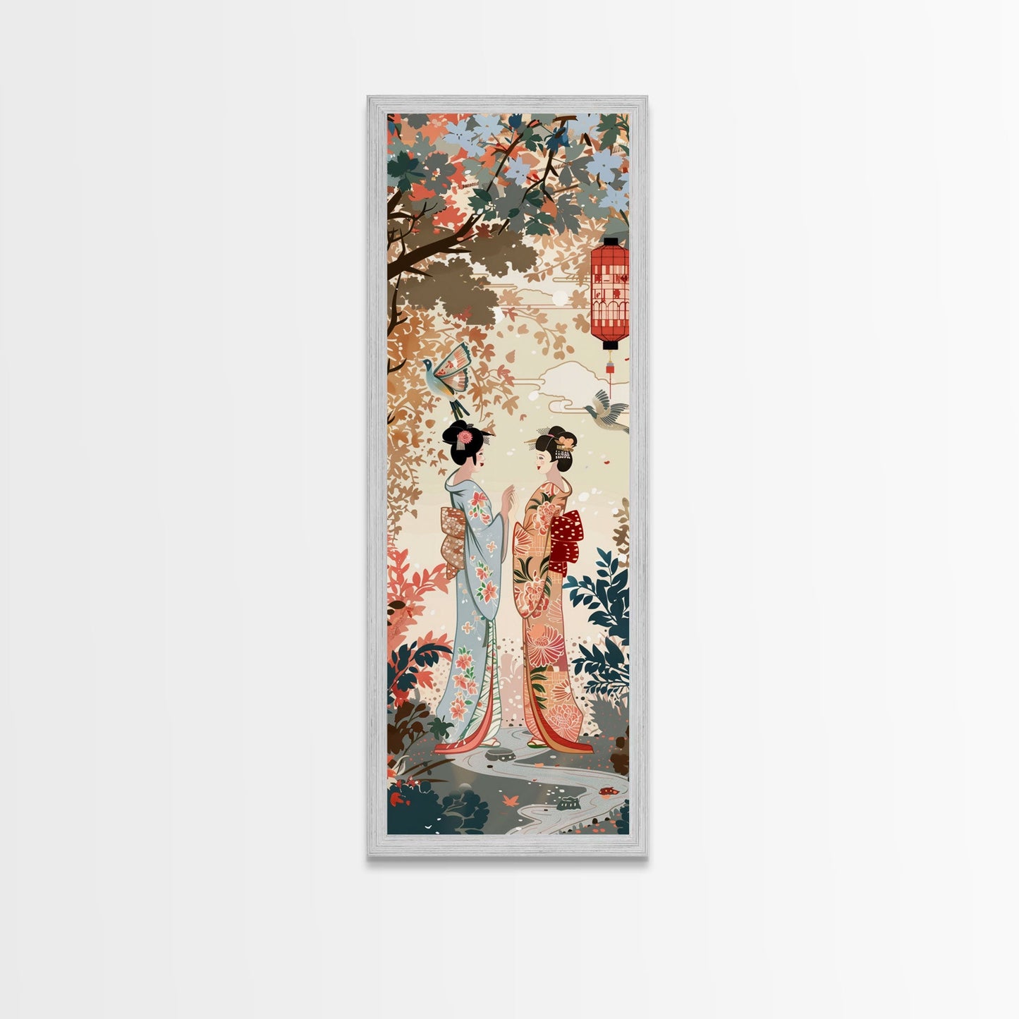 Traditional Geishas Skinny Art Tall Art Japanese Ukiyo-e Inspired Framed Canvas Print for Elegant Home and Office Decor
