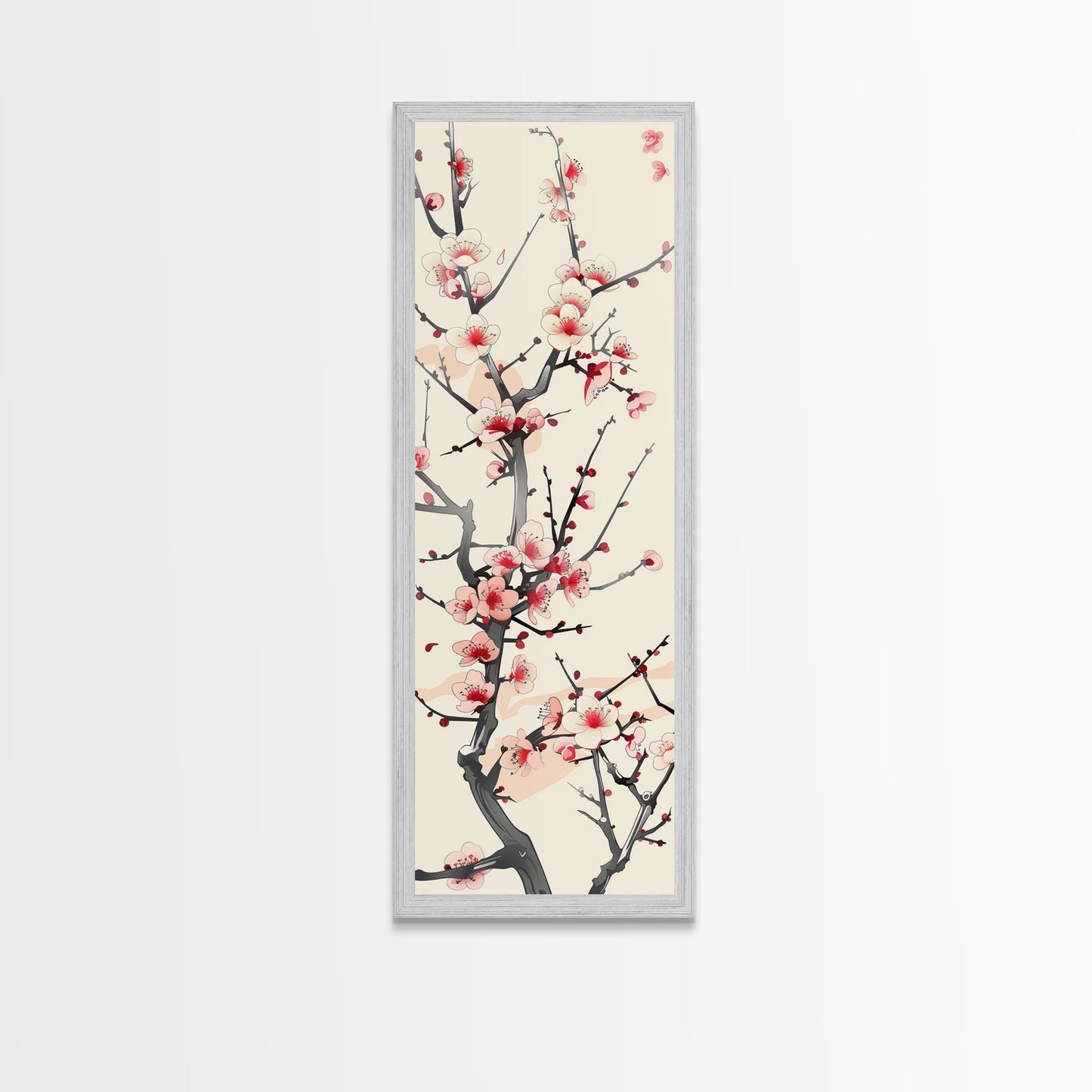 Delicate Plum Blossoms Skinny Art Tall Art Japanese Ukiyo-e Inspired Botanical Framed Canvas Print for Sophisticated Interiors