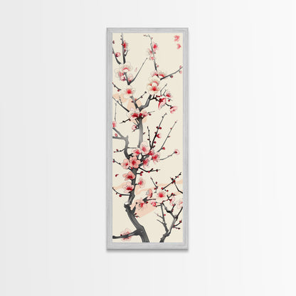 Delicate Plum Blossoms Skinny Art Tall Art Japanese Ukiyo-e Inspired Botanical Framed Canvas Print for Sophisticated Interiors