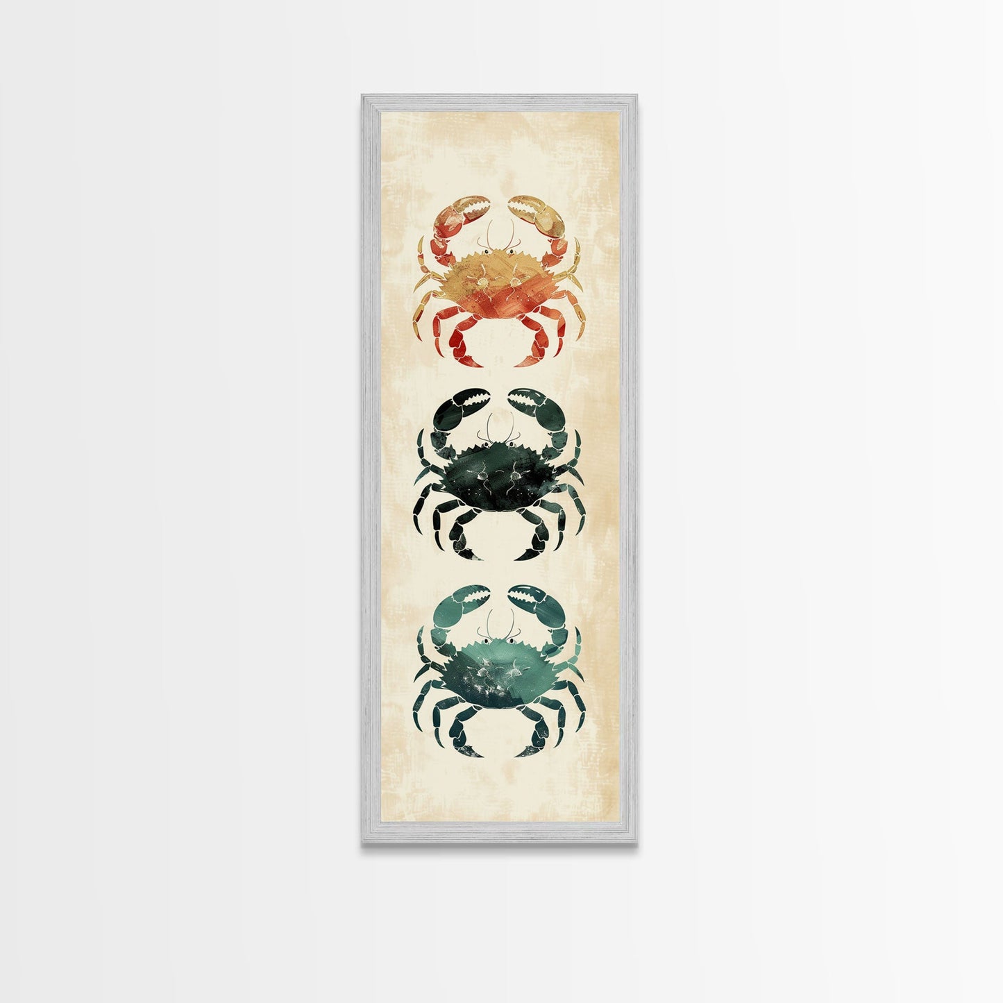 Coastal Crabs Skinny Art Tall Art Japanese Ukiyo-e Inspired Nautical Framed Canvas Print for Beach House or Ocean Lovers