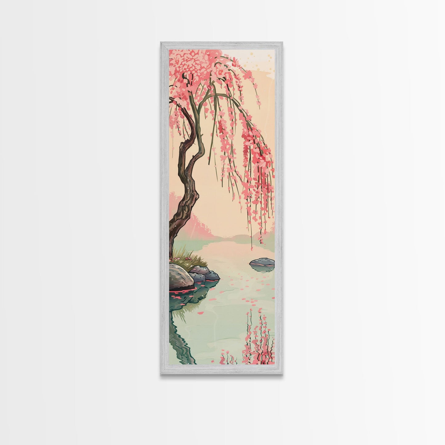 Serene Weeping Cherry Tree with Gentle Reflections in Water - Skinny Art, Japanese Wall Decor, Framed Canvas Print, Ukiyo-e Style