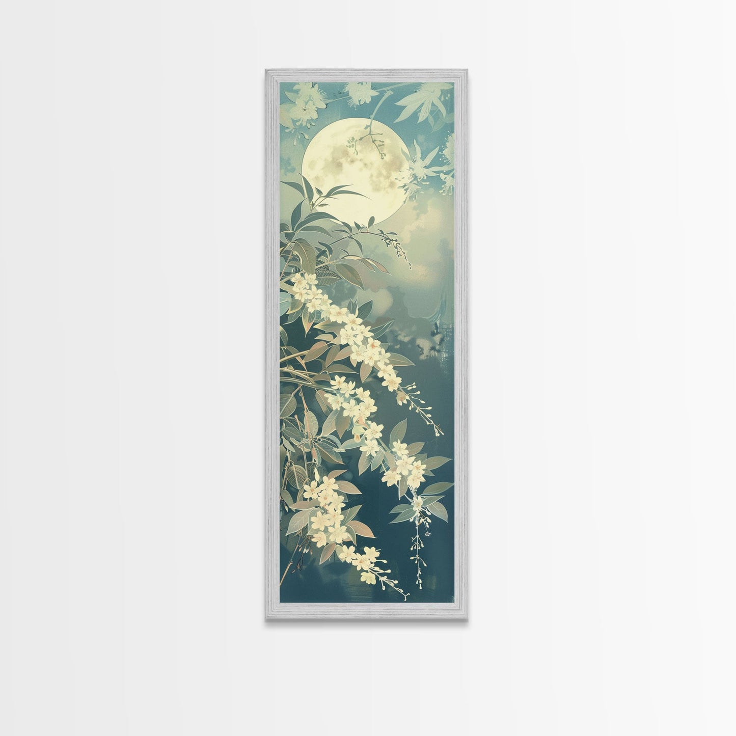 Delicate White Flowers and Full Moon in a Tranquil Night Setting - Skinny Art, Japanese Wall Decor, Framed Canvas Print, Ukiyo-e Style