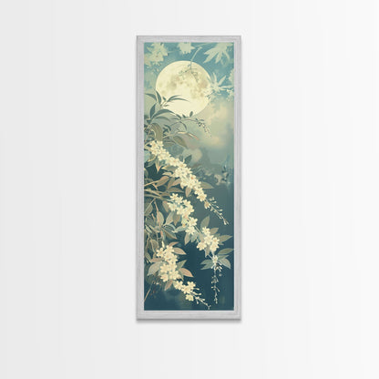 Delicate White Flowers and Full Moon in a Tranquil Night Setting - Skinny Art, Japanese Wall Decor, Framed Canvas Print, Ukiyo-e Style
