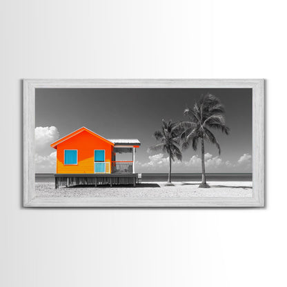 Bright Beach House Framed Canvas Print | Coastal Landscape Art | Nautical Wall Art | Coastal Decor | Extra Wide Art | Tropical Beach Art