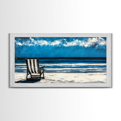 Beach Chair, coastal decor, nautical painting, seascape painting, ocean view, lake Tahoe art, blue and green wall art, Framed Canvas Print, surf