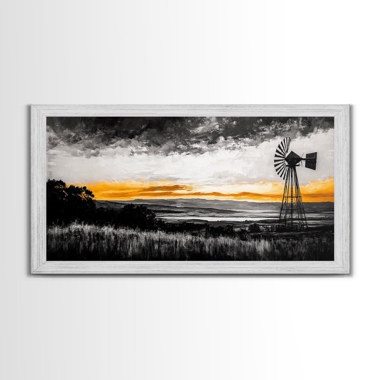 Windmill Sunset, windmill wall art, rustic decor, farmhouse art, landscape painting, extra wide art, framed canvas print, panoramic art