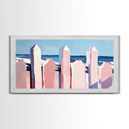 Beach Fence Painting, Coastal Landscape Art, Nautical Wall Decor, Soft Pastel Colors, Framed Canvas Print, Extra Wide Art, Seaside Home