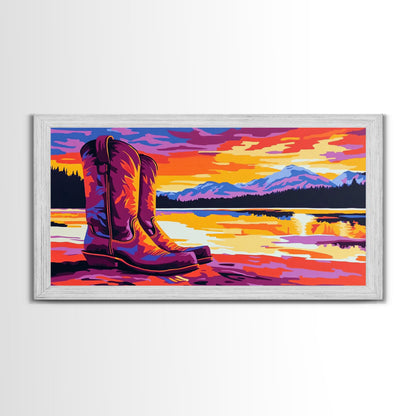 Cowboy boots, lake sunset, mountain painting, rustic western art, farmhouse decor, vibrant colors, extra wide art, canvas print