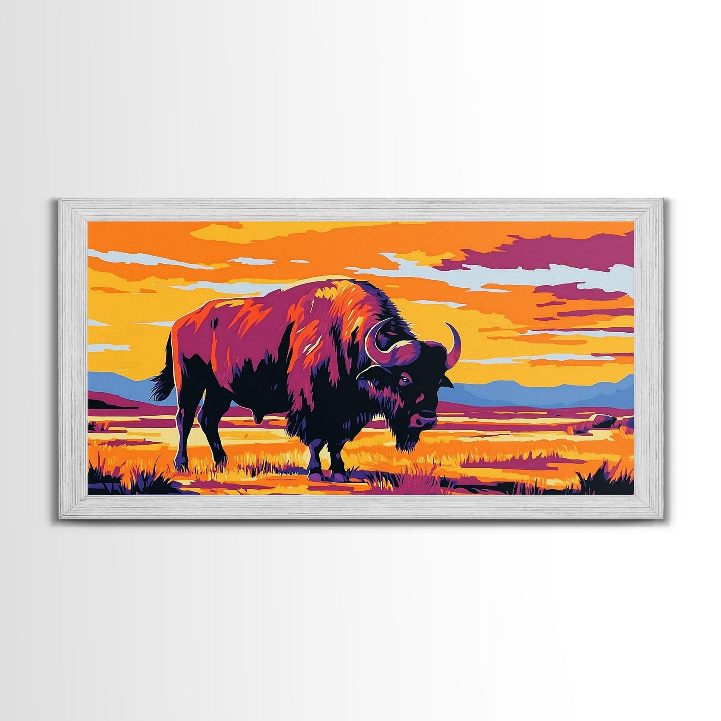 Bison Prairie, rustic art, southwest wall art, landscape painting, extra wide art, panoramic painting, farmhouse art, Framed Canvas Print