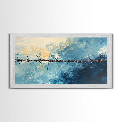 Barbed Wire, Rustic Wall Art, Southwest Art, Minimalist Art, Moody Painting, Extra Wide Art, Western Landscape Art, Framed Canvas Print