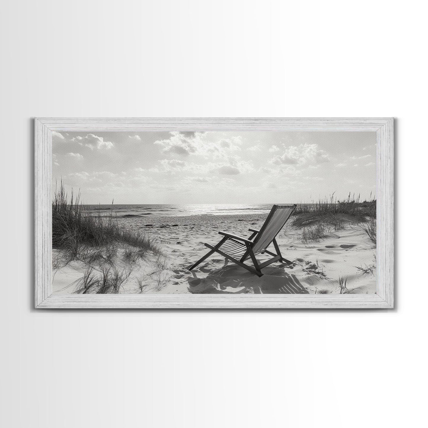 Beach Chair, Coastal Landscape Art, Minimalist Art, Wabi Sabi Art, Ocean View Print, Relaxing Decor, Framed Canvas Print, Nautical Wall Art