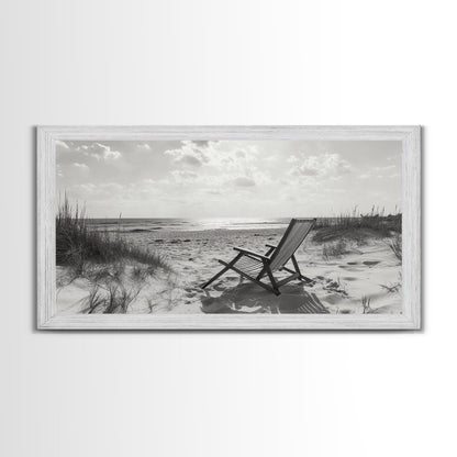 Beach Chair, Coastal Landscape Art, Minimalist Art, Wabi Sabi Art, Ocean View Print, Relaxing Decor, Framed Canvas Print, Nautical Wall Art