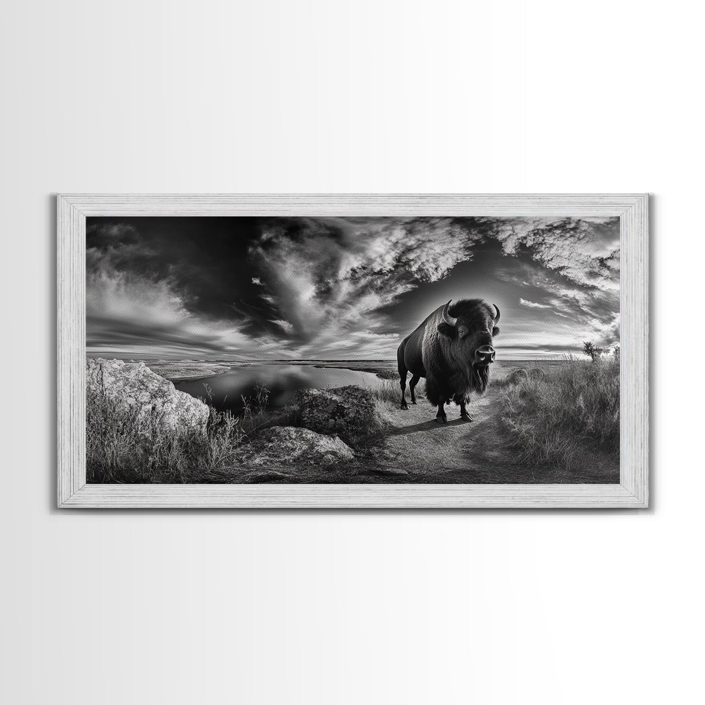 Bison Landscape, Southwest Wall Art, Rustic Wall Art, Moody Art, Panoramic Art, Extra Wide Art, Nature Wall Art, Framed Canvas Print