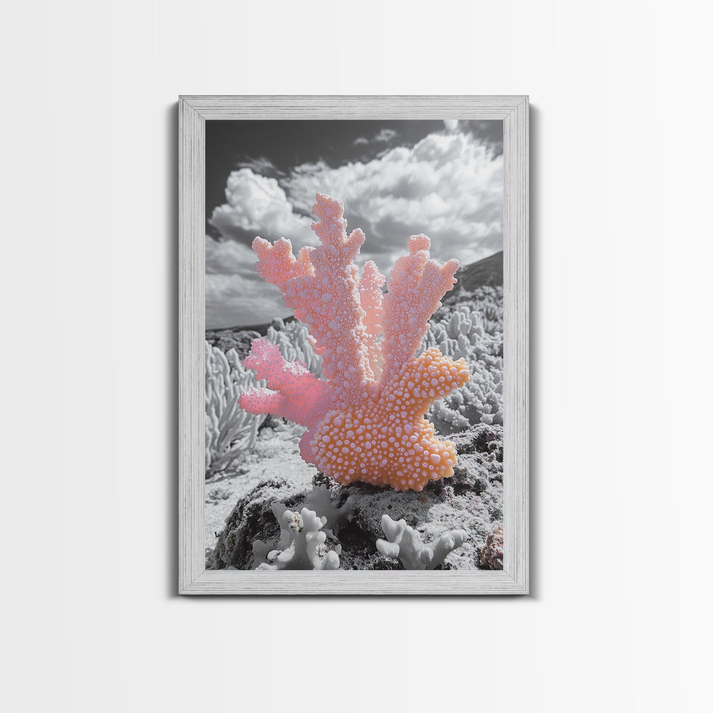 Ocean coral, coastal decor, nautical painting, framed canvas print, marine life art, whimsical ocean scene, tropical beach house wall art