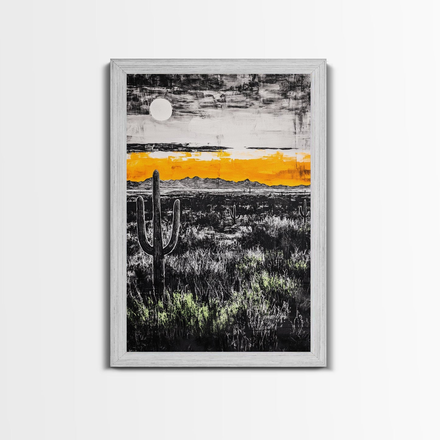 Cactus Sunset, black and white, moody desert art, yellow skyline, Joshua tree art, framed canvas print, extra wide art, rustic decor