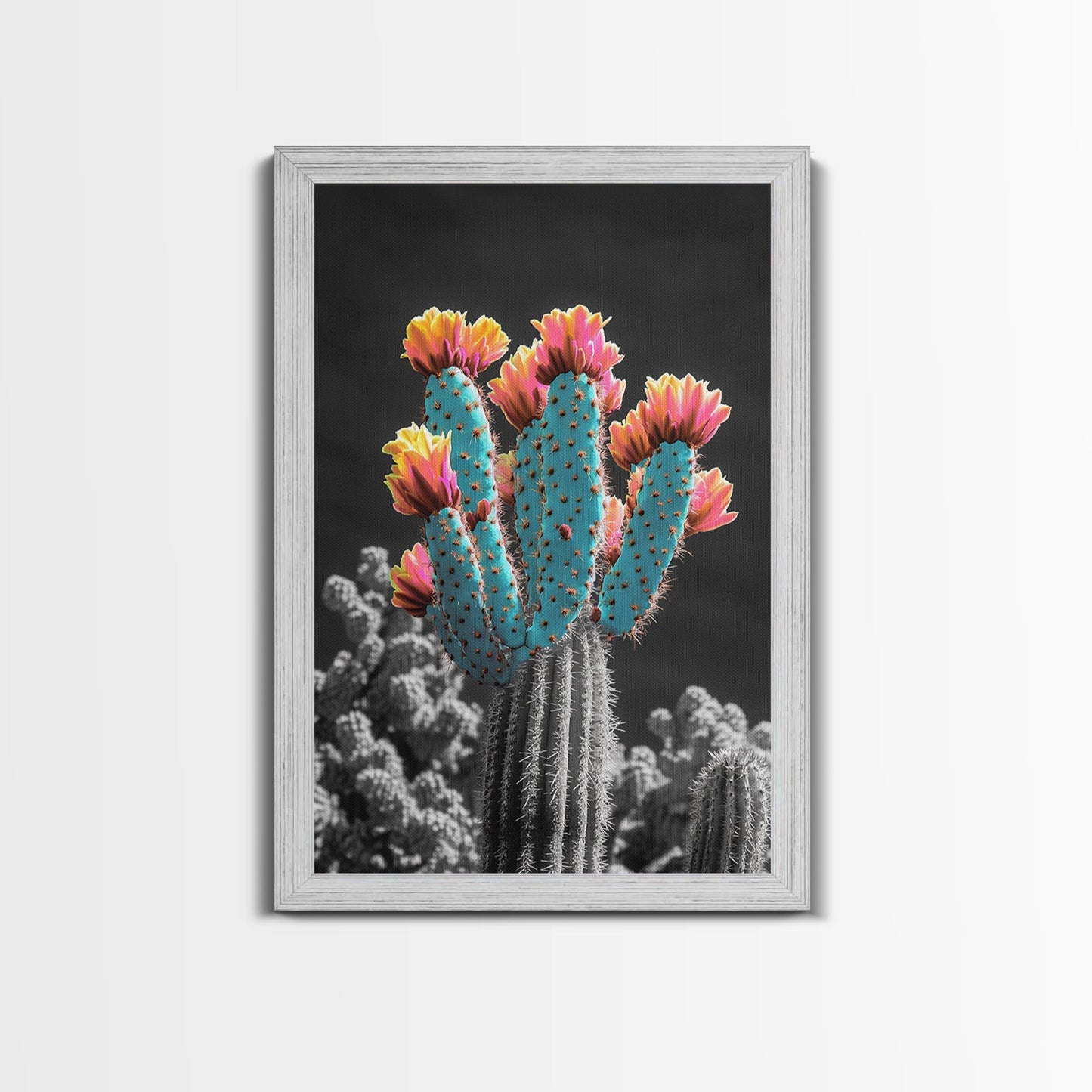 Cactus, desert flowers, vibrant nature art, framed canvas print, boho wall decor, southwest wall art, floral painting, Joshua tree art