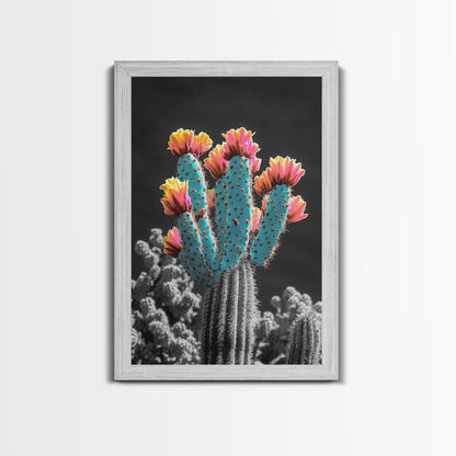 Cactus, desert flowers, vibrant nature art, framed canvas print, boho wall decor, southwest wall art, floral painting, Joshua tree art