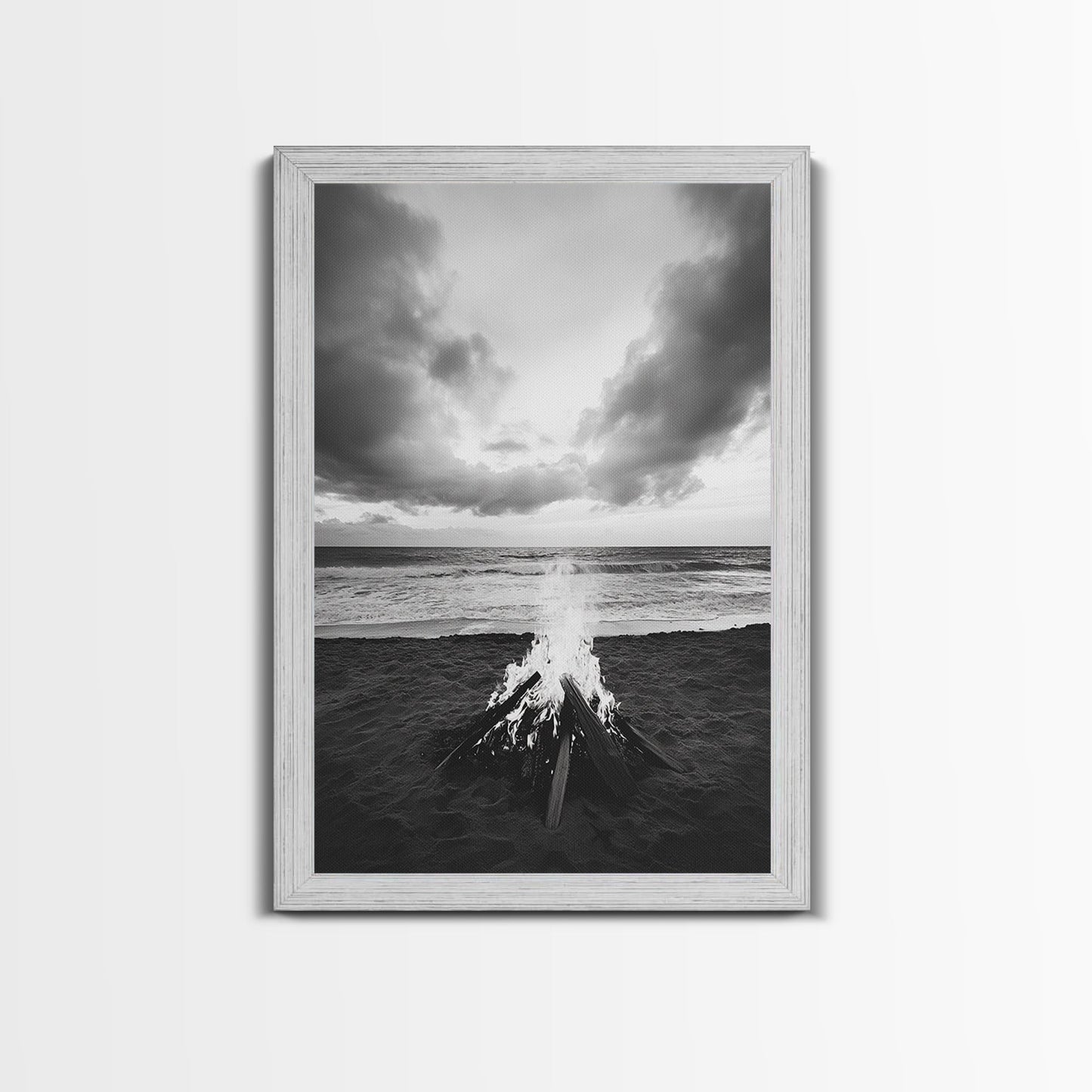 Beach Bonfire, coastal landscape art, rustic decor, moody art, dramatic seascape, black and white, framed canvas print, nautical wall art