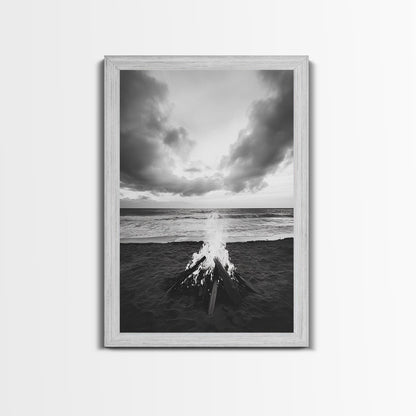Beach Bonfire, coastal landscape art, rustic decor, moody art, dramatic seascape, black and white, framed canvas print, nautical wall art