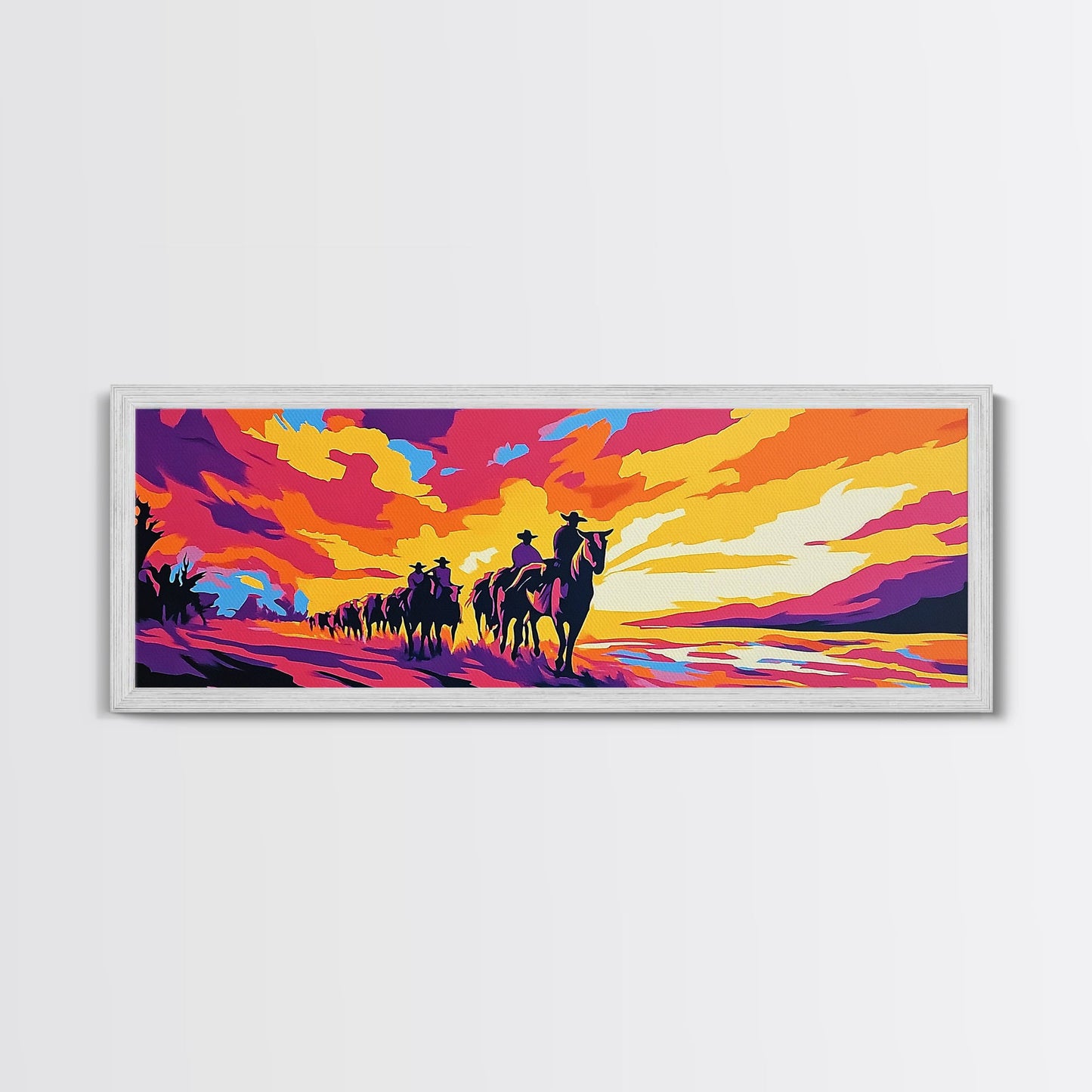 Cowboy Trail, sunset painting, southwest wall art, western decor, gift idea, extra wide art, panoramic painting, canvas print, rustic art
