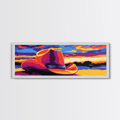 Western Sunset Art, cowboy hat painting, rustic wall art, southwest wall art, extra wide art, framed canvas print, panoramic painting
