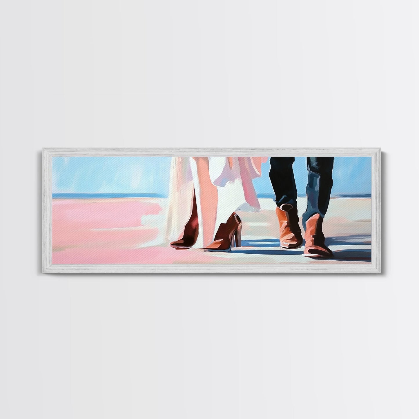 Beach Wedding Art, cowboy boots painting, coastal decor, coastal cowgirl wall art, extra wide art, framed canvas print, horizontal wall art
