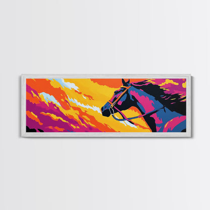 Horse silhouette, sunset, pink orange wall art, colorful equestrian, western art, extra wide art, framed canvas print, panoramic painting