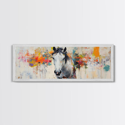 Weißes Pferd, abstrakte Kunst, stimmungsvolle Motive, rustikaler Stil, impressionistisches Pferd, gerahmter Leinwanddruck, extra breites Bild, moderne Landhauskunst