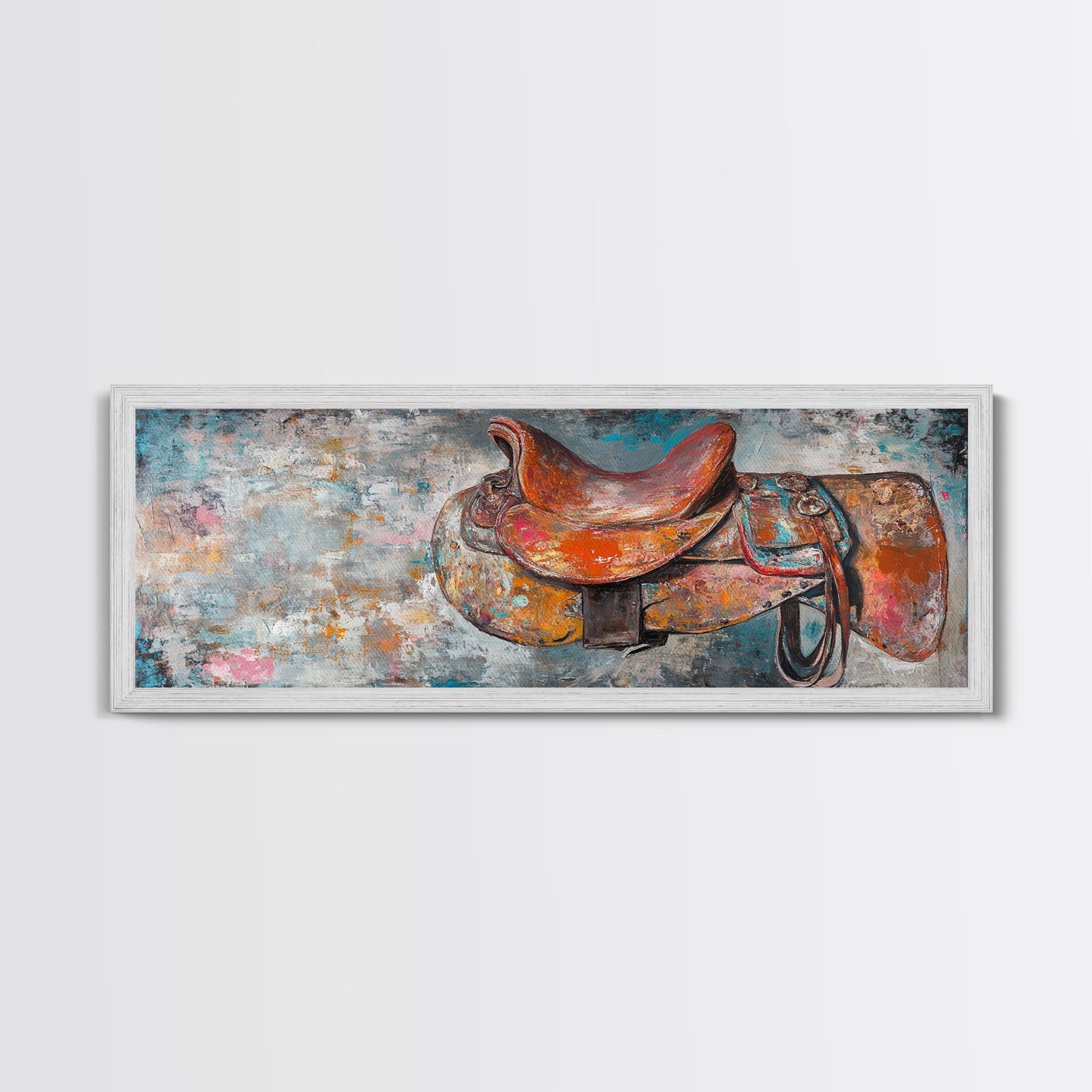 Abstract Saddle, horse wall art, abstract art, rustic decor, extra wide art, framed canvas print, above sofa art, living room decor