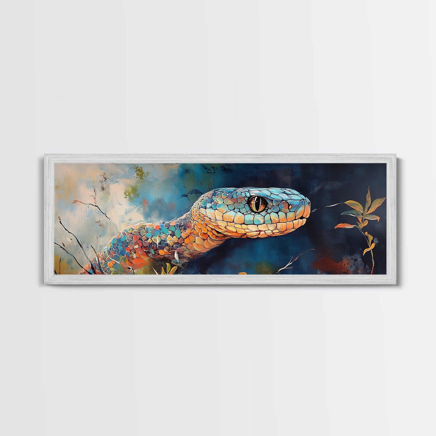 Vibrant Snake Painting, reptile wall art, wildlife decor, moody art, sacred geometry wall art, framed canvas print, extra wide art
