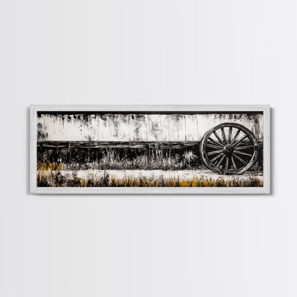 Wagon Wheel, barn landscape oil painting, black and white art, rustic decor, farmhouse art, extra wide art, Framed Canvas Print, moody art