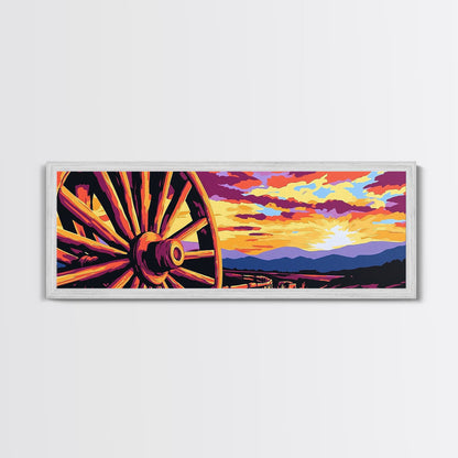 Lebendiger Sonnenuntergang mit Wagen, abstrakte Kunst in Rosa, Mohnblumen-Wandkunst, Boho-Kunst, Panoramagemälde, extra breites Kunstwerk, gerahmter Leinwanddruck, Vintage-Wandkunst