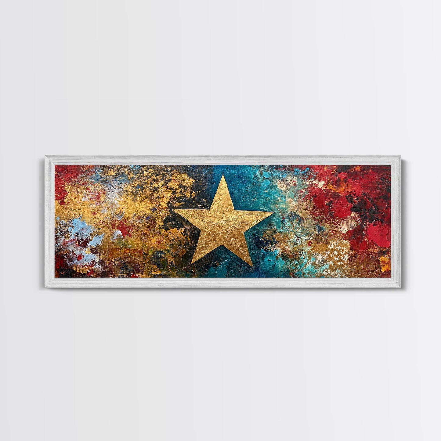 Goldener Stern, abstrakte Kunst, kräftige Farben, strukturierte Wandkunst, gerahmter Leinwanddruck, Mosaik-Wandkunst, extra breite Kunst, Kunst über dem Sofa