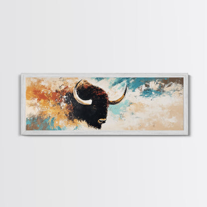 Black and White Buffalo, western wall art, rustic decor, extra wide art, moody art, minimalist painting, framed canvas print, farmhouse art