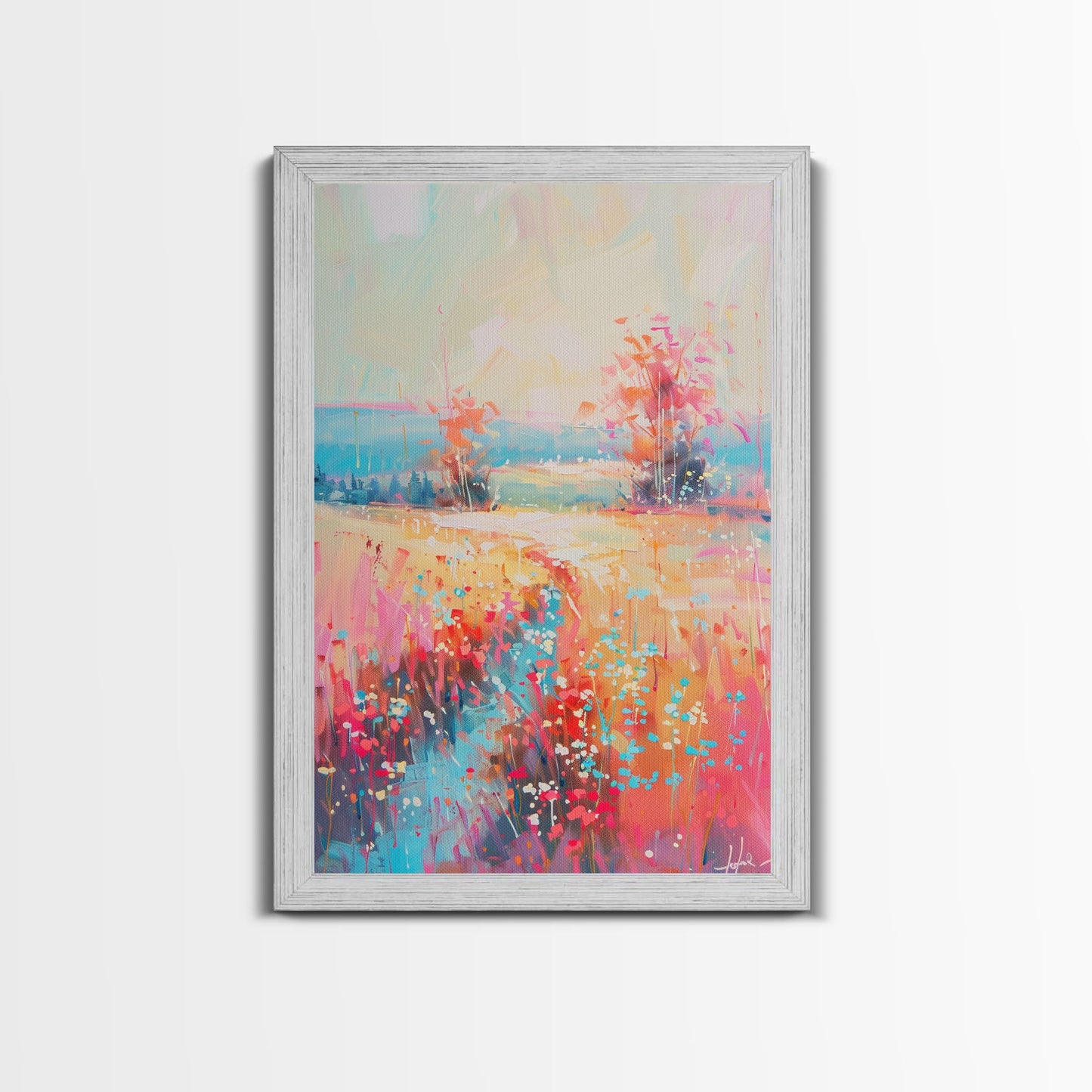 Luminous Landscape with Wildflowers - Framed Canvas Print, Radiant Living Room Art, Bright Bedroom Decor, Colorful Flower Art, Wall Art