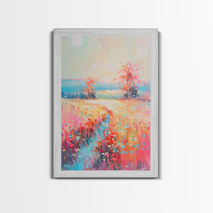 Luminous Landscape with Wildflowers - Framed Canvas Print, Radiant Living Room Art, Bright Bedroom Decor, Colorful Flower Art, Wall Art