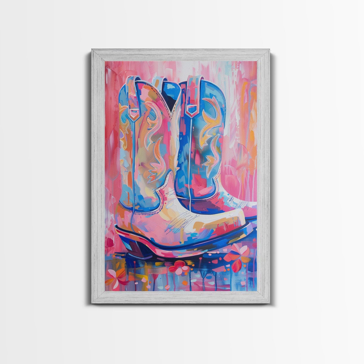 Blue and Pink Cowboy Boots with Floral Background - Framed Canvas Print, Rustic Western Wall Art, Vibrant Boot Art for Home Decor