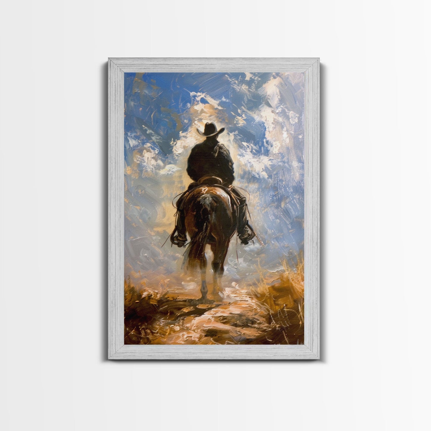 Cowboy Silhouette Riding Through the Plains - Framed Canvas Print, Western Art, Rustic Decor, Living Room Wall Art, Cowboy Themed Art