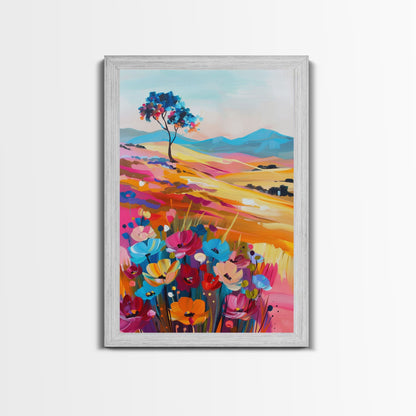 Vibrant Hills and Flowers Framed Canvas Print - Colorful Landscape Wall Art, Bright Living Room Decor, Whimsical Bedroom Art