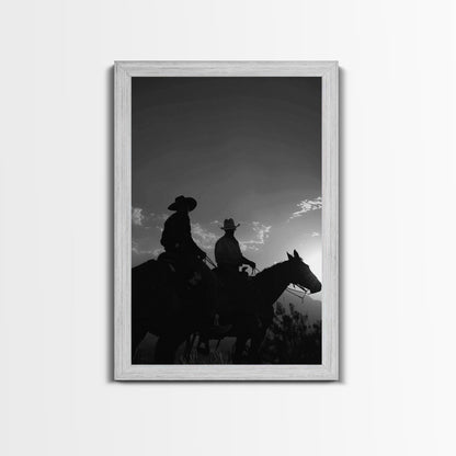 Two Cowboys Riding at Sunset in a Serene Black and White Western Landscape for Wall Art, Canvas Prints, Home Decor, Living Room Art
