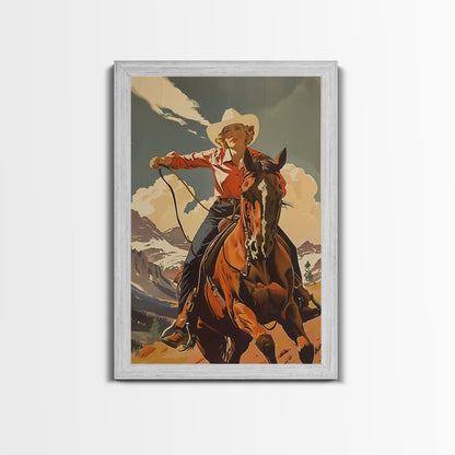 Brave Cowgirl in Mountains with Horse | Framed Canvas Print | Western Wall Art | Living Room Decor | Rustic Home Decor