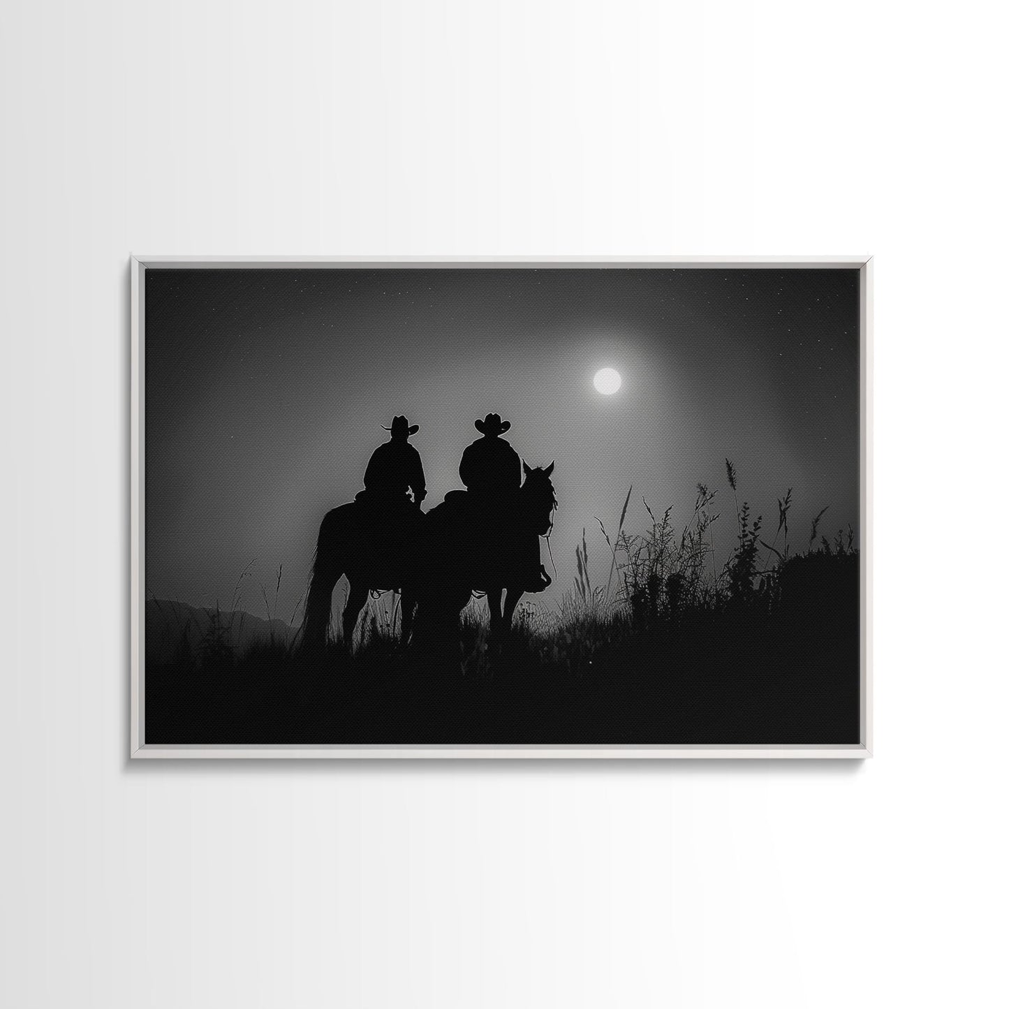 Cowboys Under A Full Moon, Framed Canvas Print, Black and White Western Photography, Wild West Art, Western Decor, Farmhouse Country Art