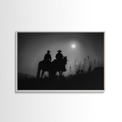Cowboys Under A Full Moon, Framed Canvas Print, Black and White Western Photography, Wild West Art, Western Decor, Farmhouse Country Art