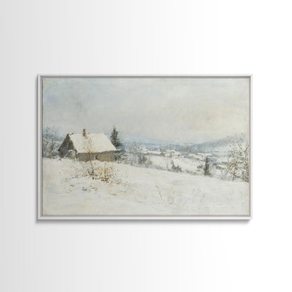 Farmhouse In The Winter, Framed Canvas Print, Christmas Scenary Landscape Painting, Americana Art, Custom Artwork Original