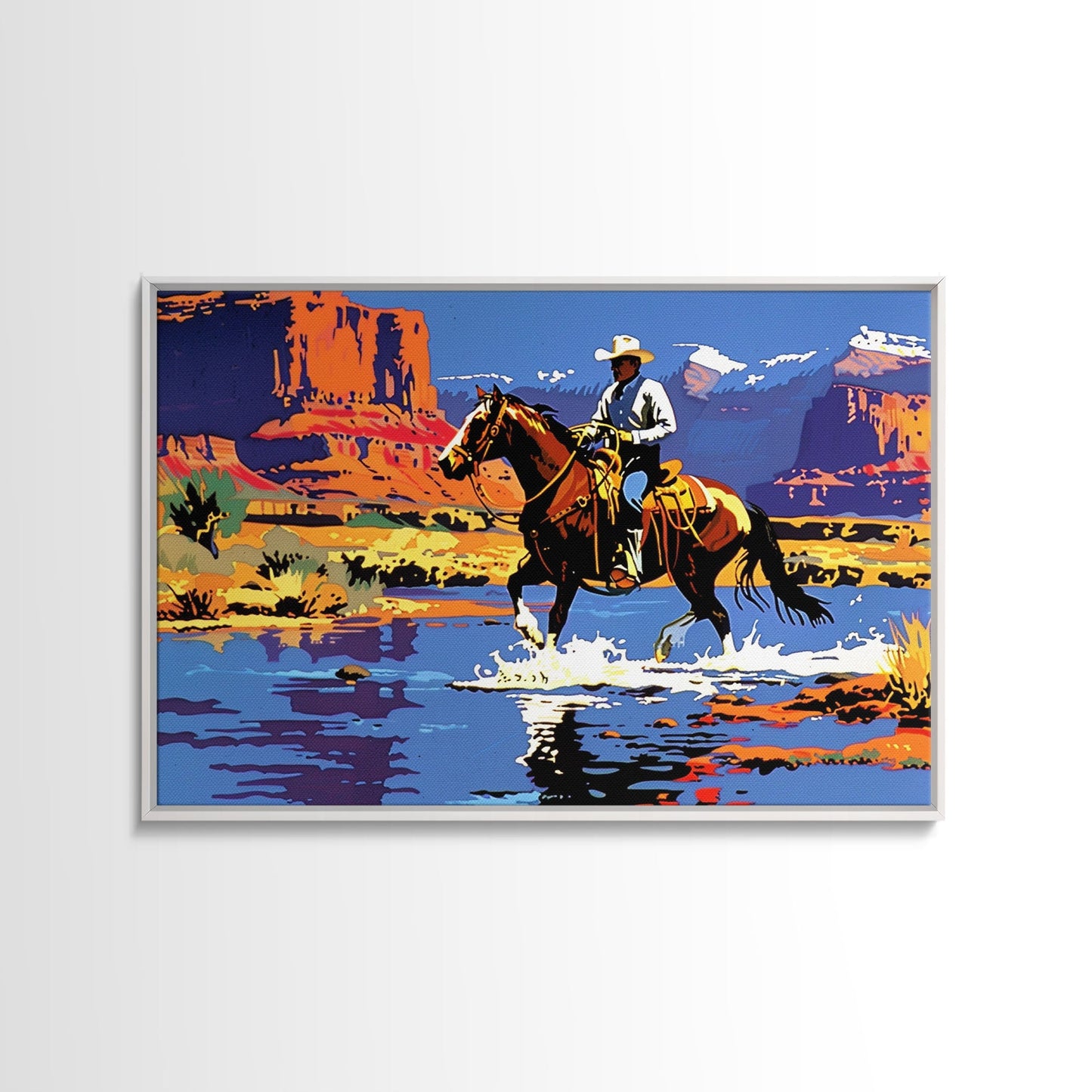 Crossing The Colorado River, Framed Canvas Print, Kitsch Western Wall Art, Colorful Western Painting Original Artwork, Pop Art Painting