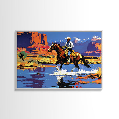 Crossing The Colorado River, Framed Canvas Print, Kitsch Western Wall Art, Colorful Western Painting Original Artwork, Pop Art Painting